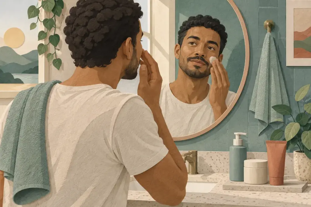 Man applying moisturizer during a simple routine with unbranded skincare products.