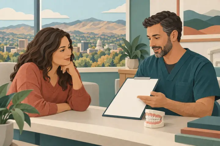 Patient reviewing a blank dental treatment estimate with a clinician in a conceptual Boise office.
