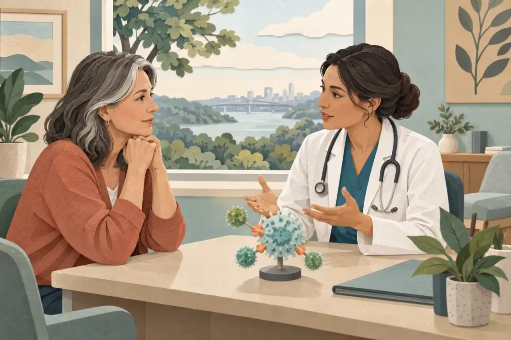 Patient and oncology clinician discussing cancer immunotherapy in a conceptual New Jersey clinic.