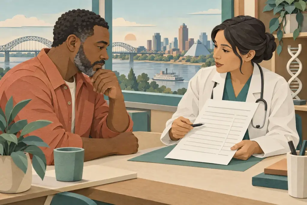 Patient and clinician reviewing a blank estimate beside a DNA model in a conceptual Memphis office.