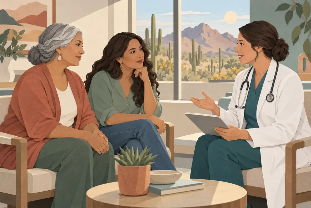 Women discussing healthcare options with a clinician in an Arizona consultation setting.