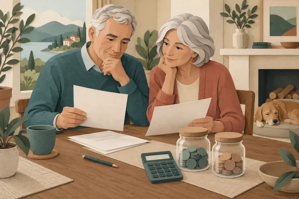 Older couple reviewing retirement documents and savings at home, with no named adviser depicted.