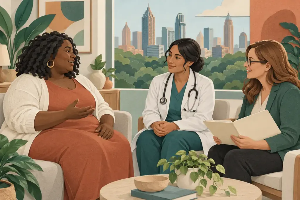 Patient discussing bariatric care and benefits with clinicians in a conceptual Atlanta consultation.