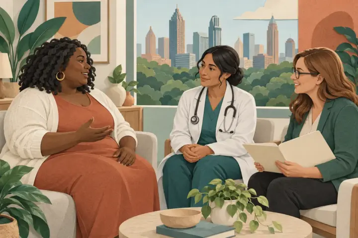 Patient discussing bariatric care and benefits with clinicians in a conceptual Atlanta consultation.