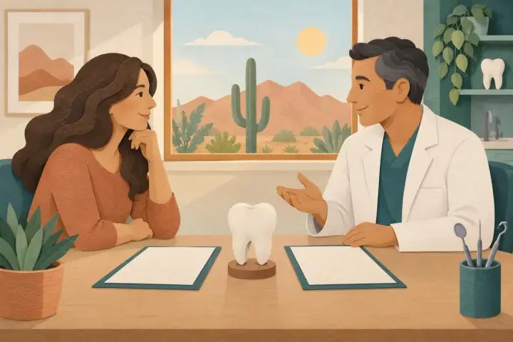 Conceptual Tucson dental consultation comparing blank cash and insurance estimates beside a tooth model.