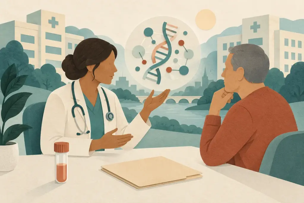 Conceptual Richmond precision medicine consultation with an abstract molecular pattern and hospital silhouettes.
