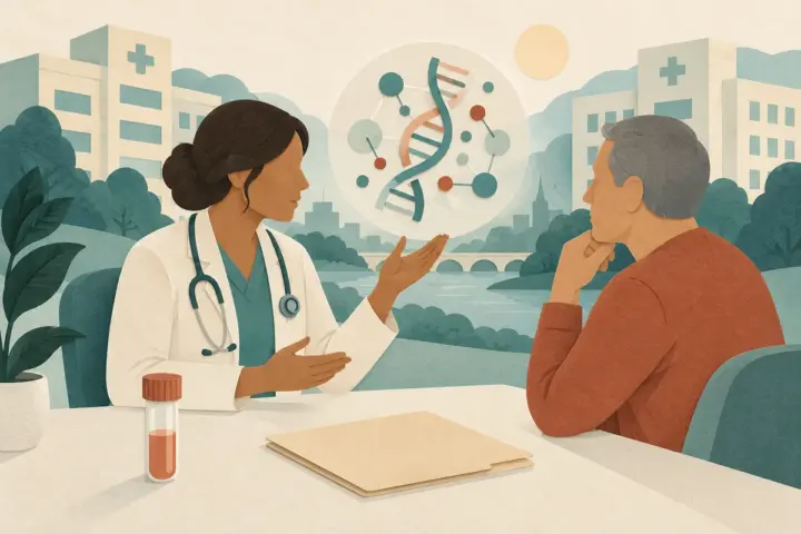 Conceptual Richmond precision medicine consultation with an abstract molecular pattern and hospital silhouettes.