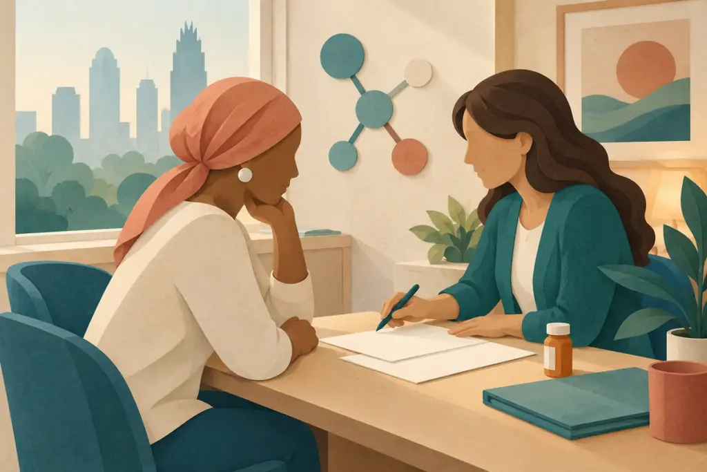 Cancer patient and financial navigator reviewing blank paperwork with a medicine bottle in a conceptual Charlotte setting.