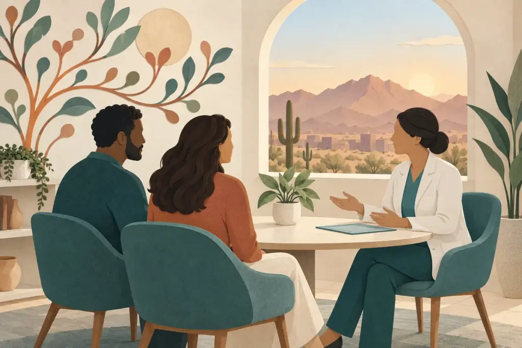 Two adults meet a clinician for a conceptual Phoenix fertility consultation beside a desert-view window.