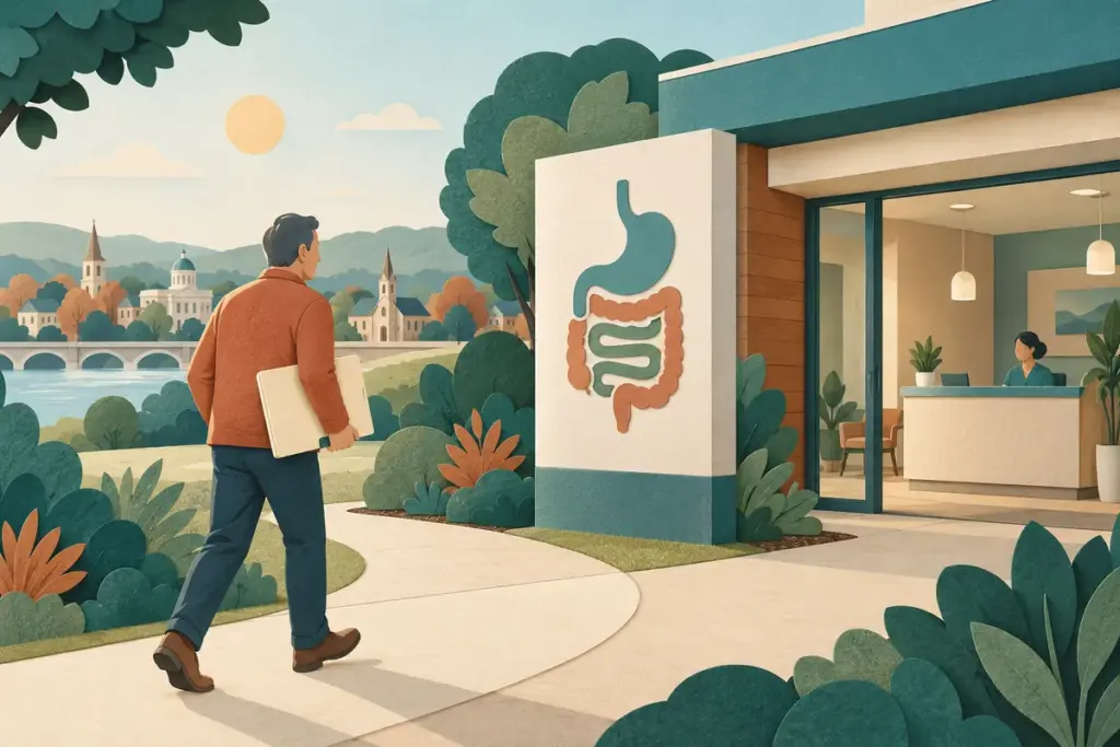 Patient carrying a referral folder toward a conceptual Indiana clinic entrance with an abstract digestive icon.