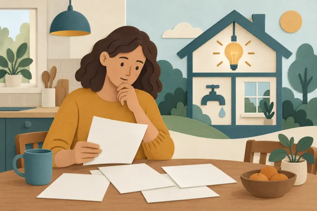 Person reviewing household utility bills beside a conceptual cutaway home with lighting and water fixtures.