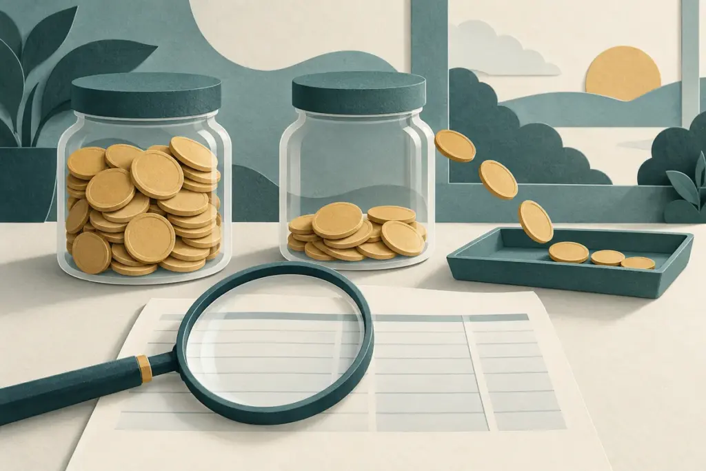 Two coin jars, a magnifying glass and a blank bank statement illustrate comparing savings account fees.