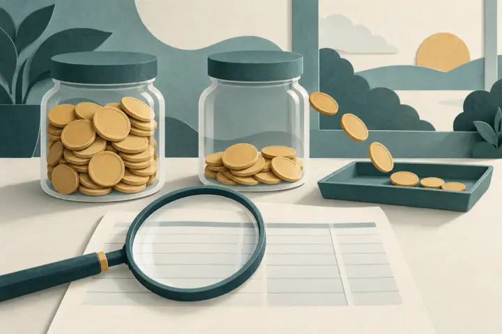Two coin jars, a magnifying glass and a blank bank statement illustrate comparing savings account fees.
