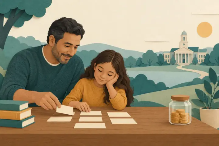 Father and child arranging education planning cards beside books and a savings jar.