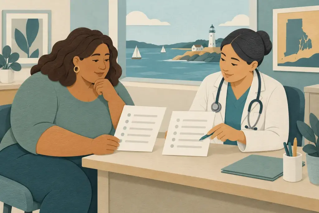 Patient and clinician comparing blank surgery estimates in a fictional Rhode Island coastal clinic.