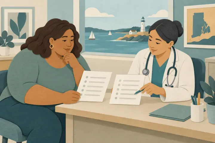 Patient and clinician comparing blank surgery estimates in a fictional Rhode Island coastal clinic.