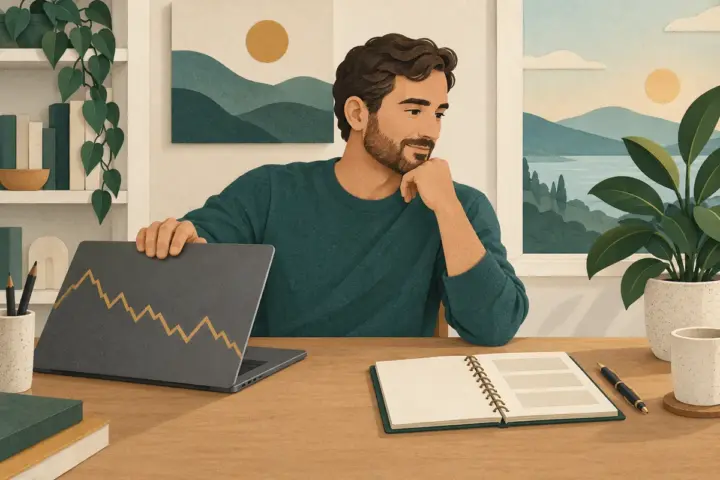 Man stepping back from a laptop displaying an abstract market line beside a planning notebook and plant.