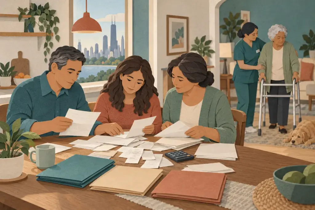 Illinois family reviewing nursing invoices while a nurse supports an older adult at home.