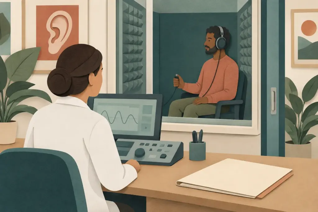 Adult having a hearing assessment in a booth while an audiologist observes.