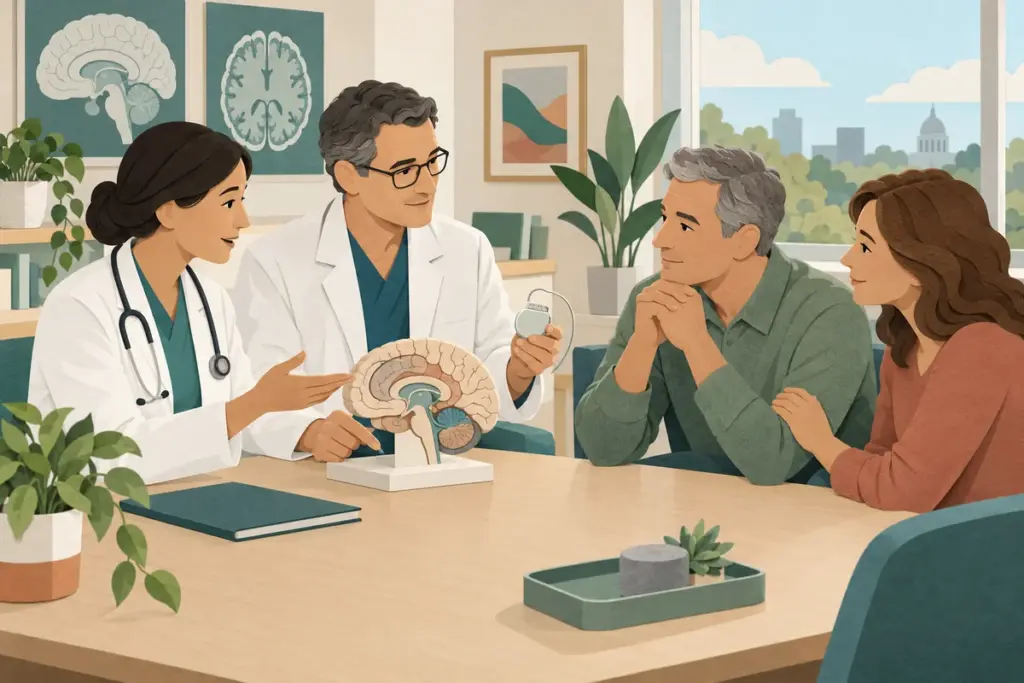 Patient and companion discussing a brain model and treatment planning with specialists.