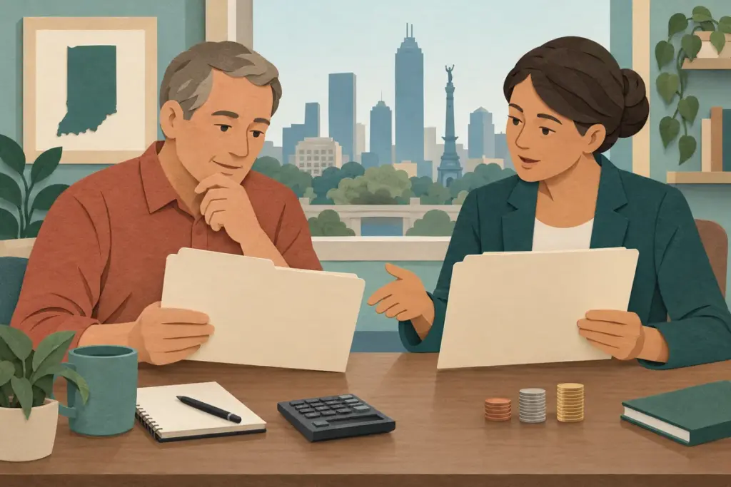 Indiana adult comparing medical costs and supplemental insurance documents with a counselor.