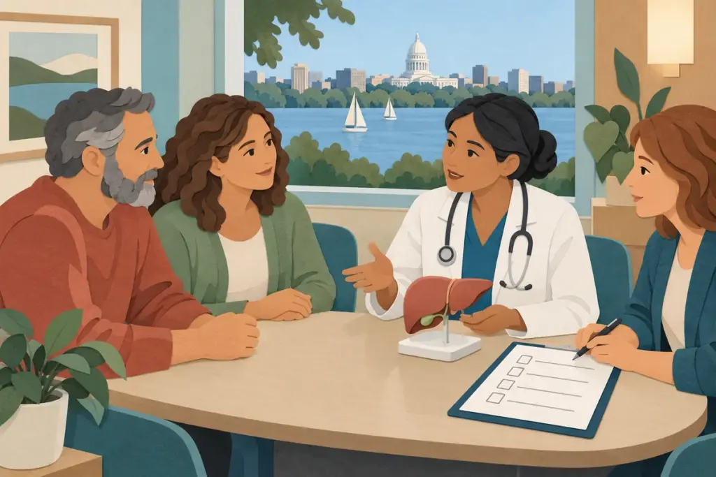 Wisconsin patient and companion discussing a liver model and coverage checklist with a care team.