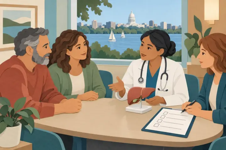 Wisconsin patient and companion discussing a liver model and coverage checklist with a care team.