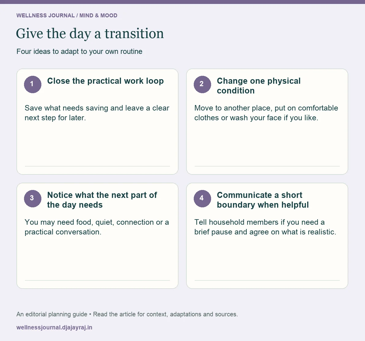 Four practical steps: Close the practical work loop; Change one physical condition; Notice what the next part of the day needs; Communicate a short boundary when helpful.