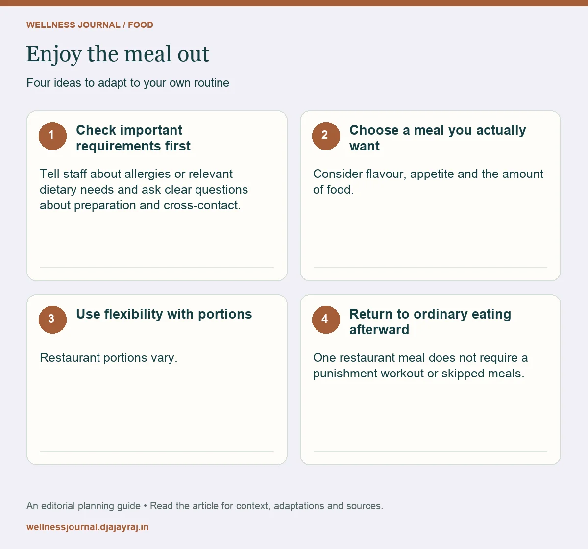 Four practical steps: Check important requirements first; Choose a meal you actually want; Use flexibility with portions; Return to ordinary eating afterward.