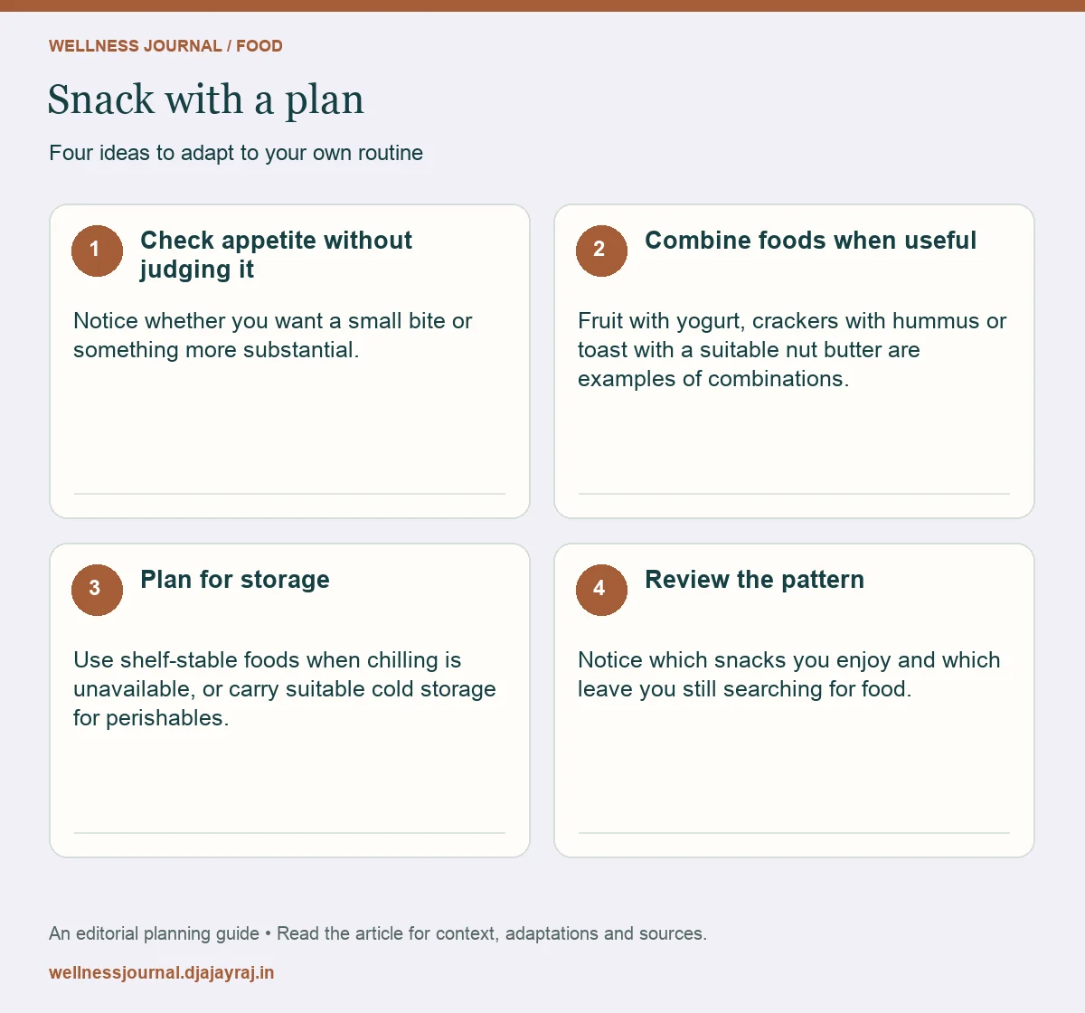Four practical steps: Check appetite without judging it; Combine foods when useful; Plan for storage; Review the pattern.