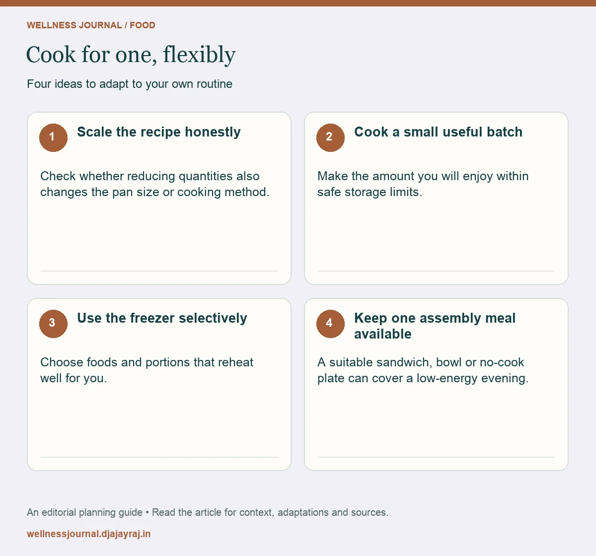 Four practical steps: Scale the recipe honestly; Cook a small useful batch; Use the freezer selectively; Keep one assembly meal available.