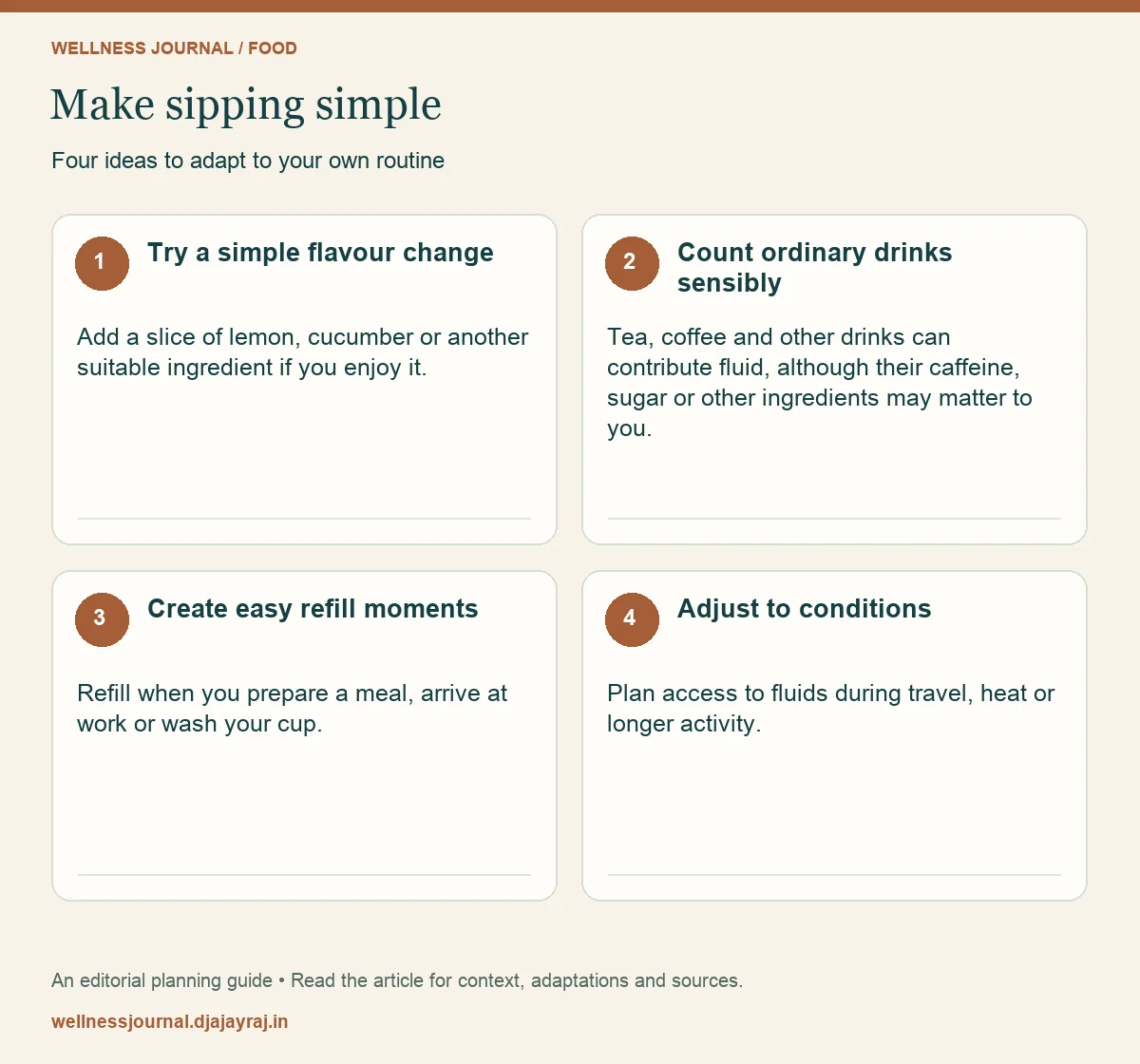 Four practical steps: Try a simple flavour change; Count ordinary drinks sensibly; Create easy refill moments; Adjust to conditions.