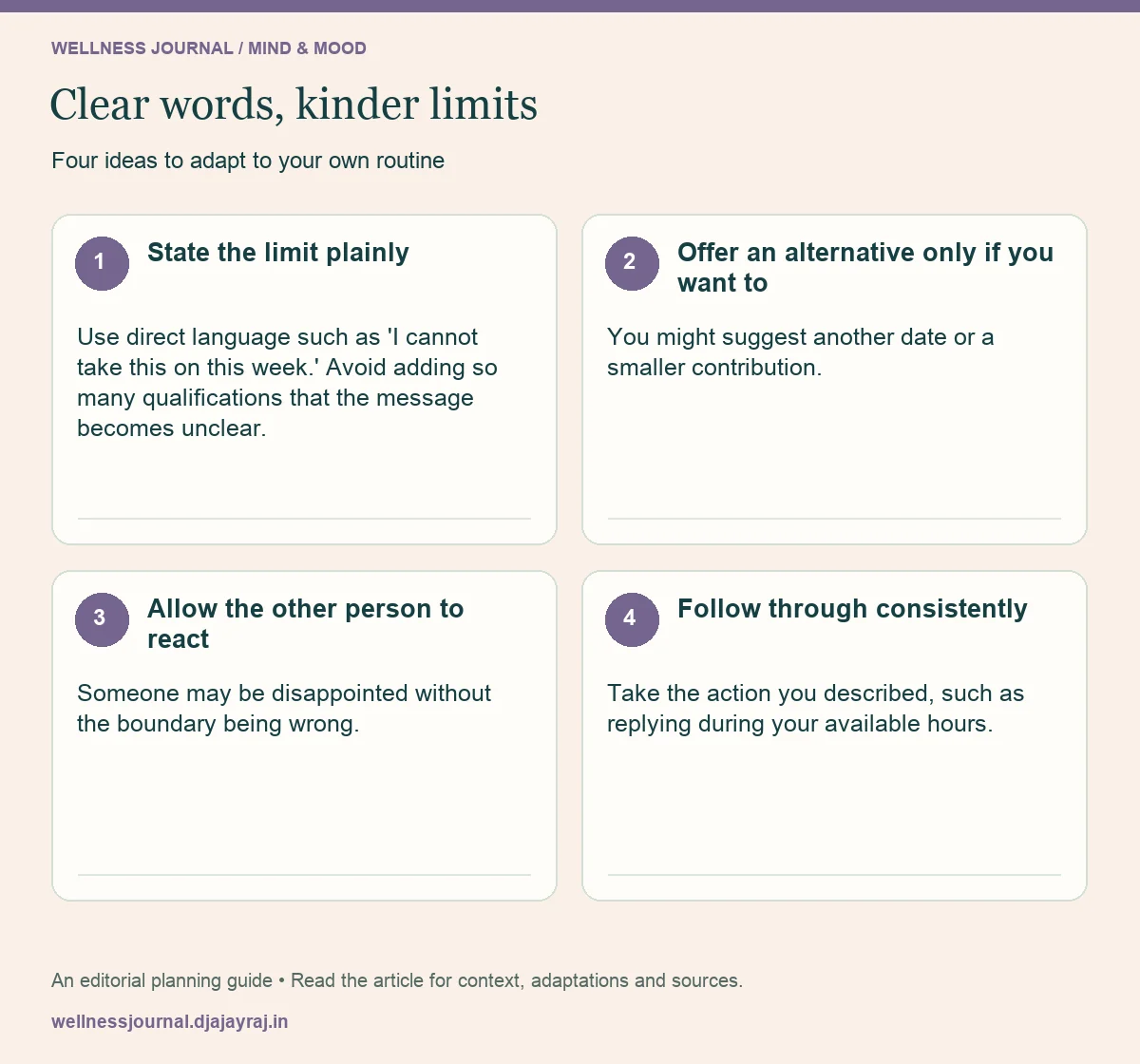 Four practical steps: State the limit plainly; Offer an alternative only if you want to; Allow the other person to react; Follow through consistently.