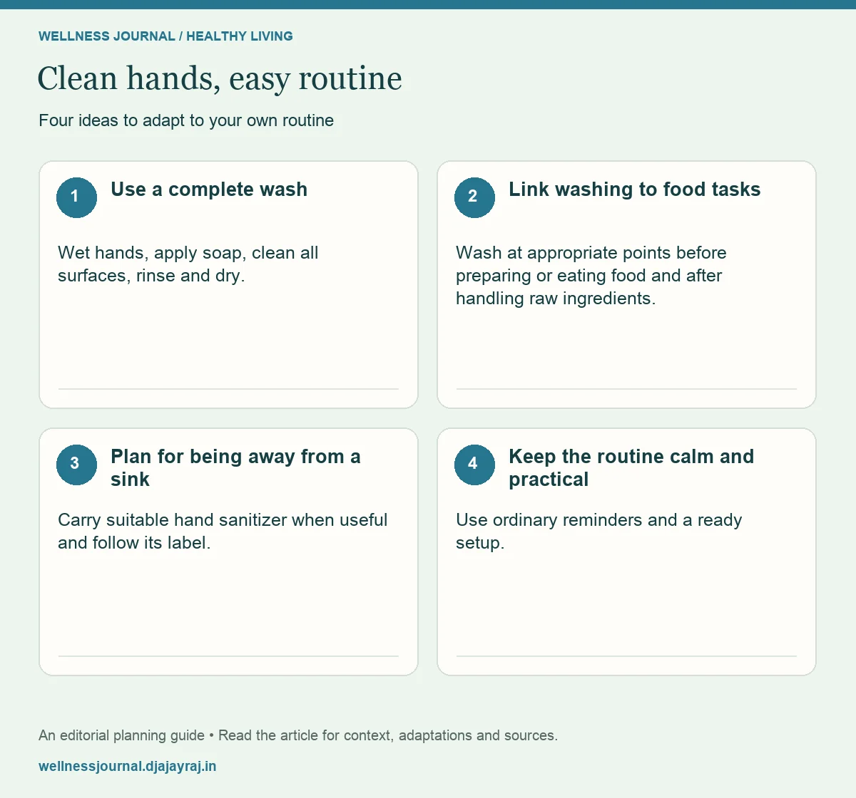 Four practical steps: Use a complete wash; Link washing to food tasks; Plan for being away from a sink; Keep the routine calm and practical.