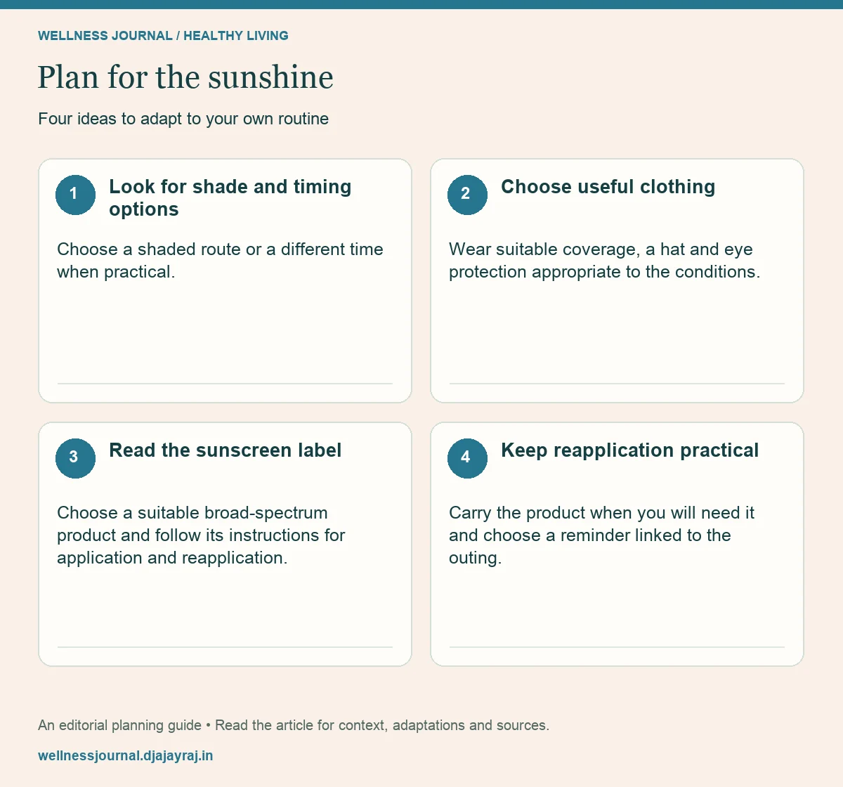 Four practical steps: Look for shade and timing options; Choose useful clothing; Read the sunscreen label; Keep reapplication practical.