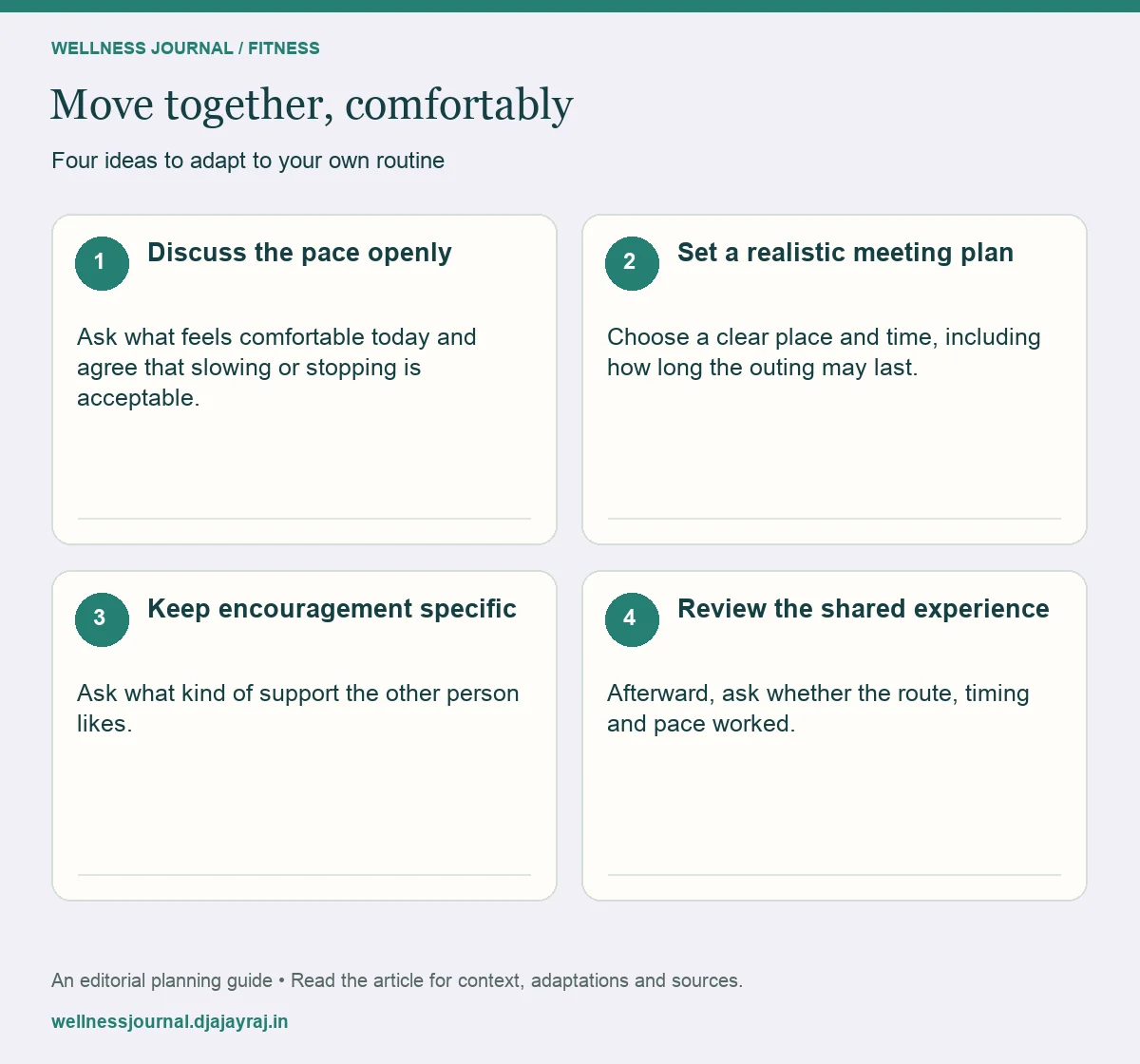 Four practical steps: Discuss the pace openly; Set a realistic meeting plan; Keep encouragement specific; Review the shared experience.