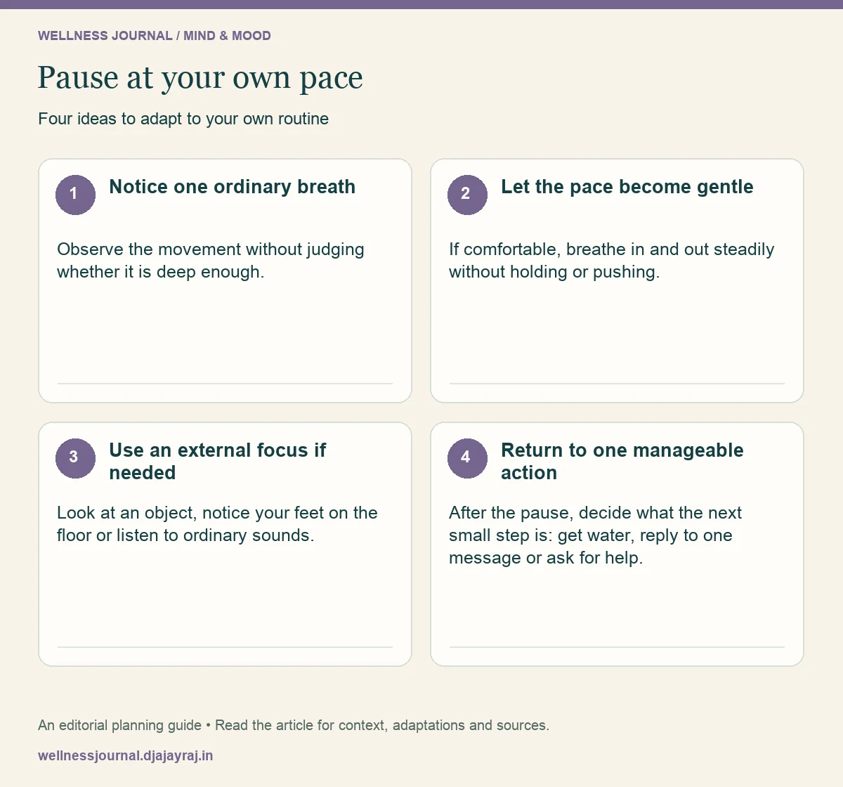 Four practical steps: Notice one ordinary breath; Let the pace become gentle; Use an external focus if needed; Return to one manageable action.