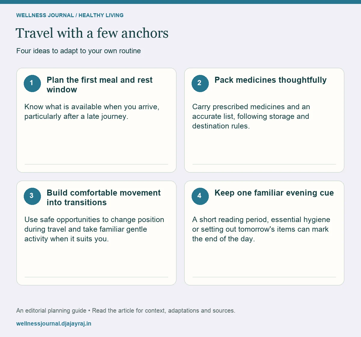 Four practical steps: Plan the first meal and rest window; Pack medicines thoughtfully; Build comfortable movement into transitions; Keep one familiar evening cue.