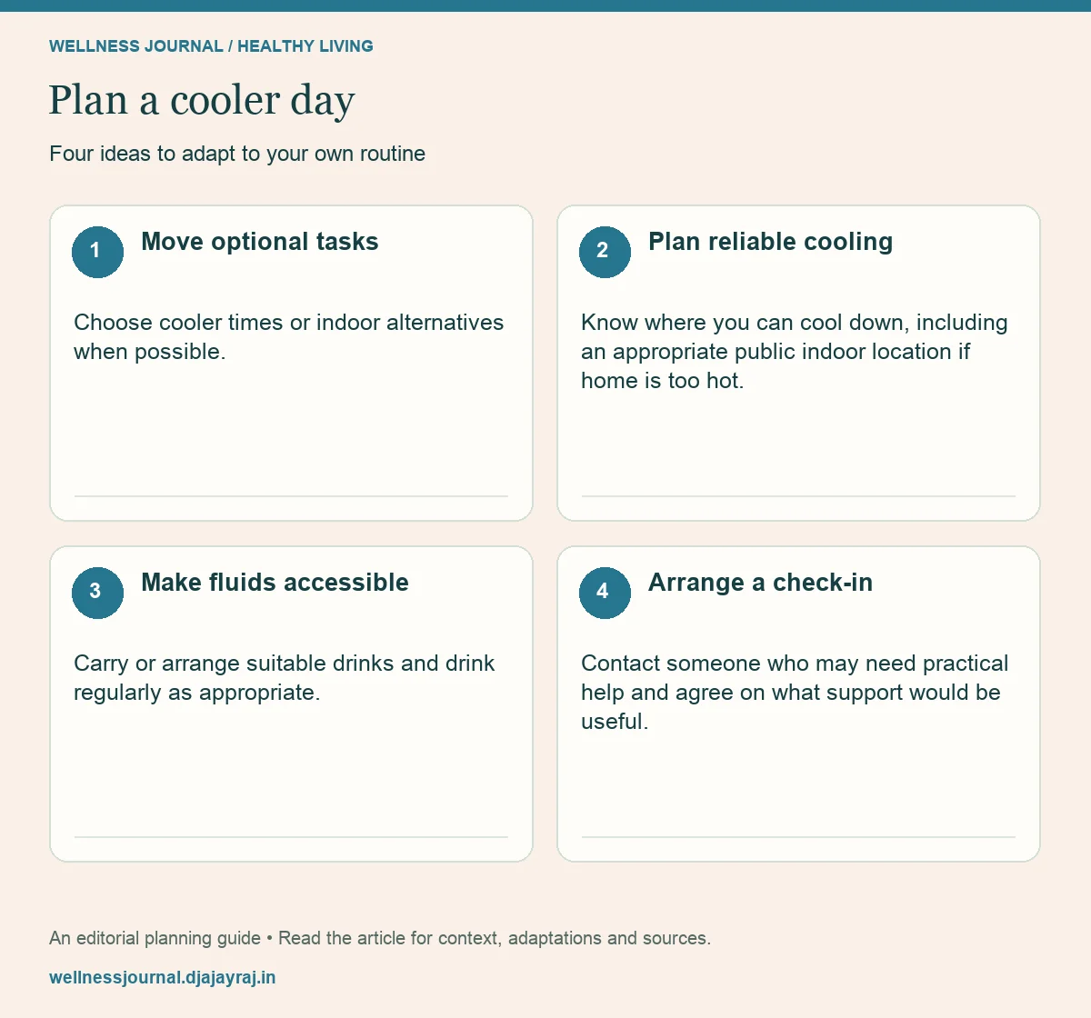 Four practical steps: Move optional tasks; Plan reliable cooling; Make fluids accessible; Arrange a check-in.