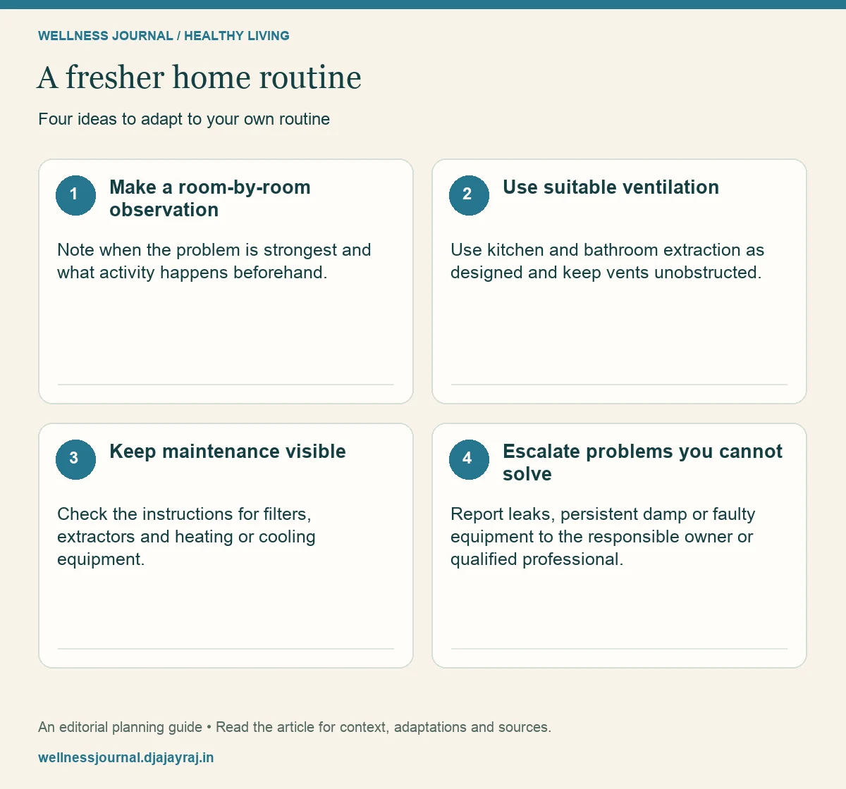 Four practical steps: Make a room-by-room observation; Use suitable ventilation; Keep maintenance visible; Escalate problems you cannot solve.