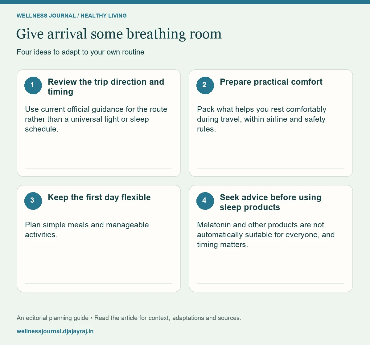 Four practical steps: Review the trip direction and timing; Prepare practical comfort; Keep the first day flexible; Seek advice before using sleep products.
