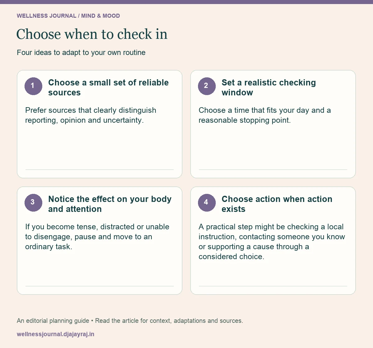 Four practical steps: Choose a small set of reliable sources; Set a realistic checking window; Notice the effect on your body and attention; Choose action when action exists.