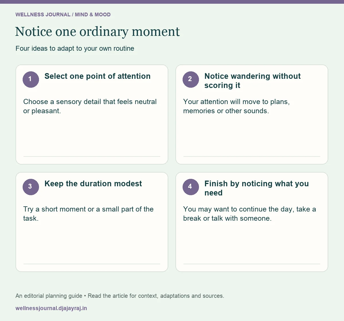 Four practical steps: Select one point of attention; Notice wandering without scoring it; Keep the duration modest; Finish by noticing what you need.