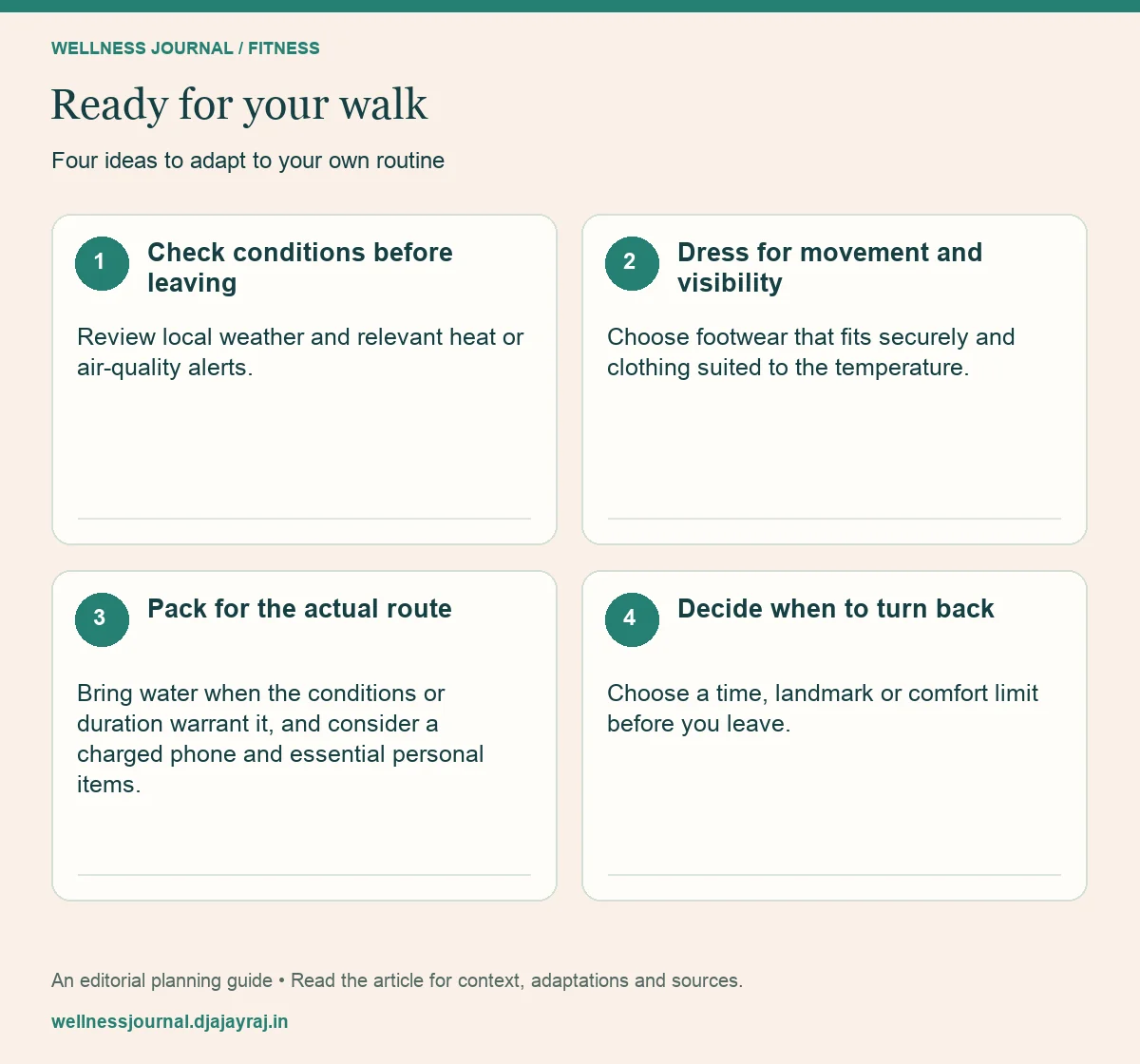 Four practical steps: Check conditions before leaving; Dress for movement and visibility; Pack for the actual route; Decide when to turn back.