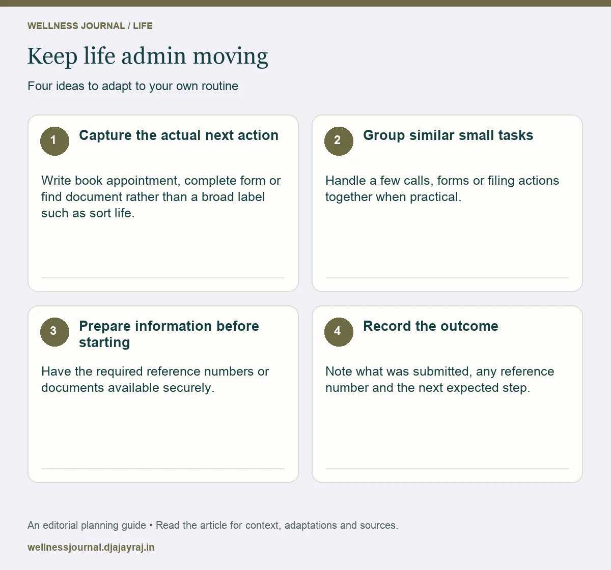 Four practical steps: Capture the actual next action; Group similar small tasks; Prepare information before starting; Record the outcome.