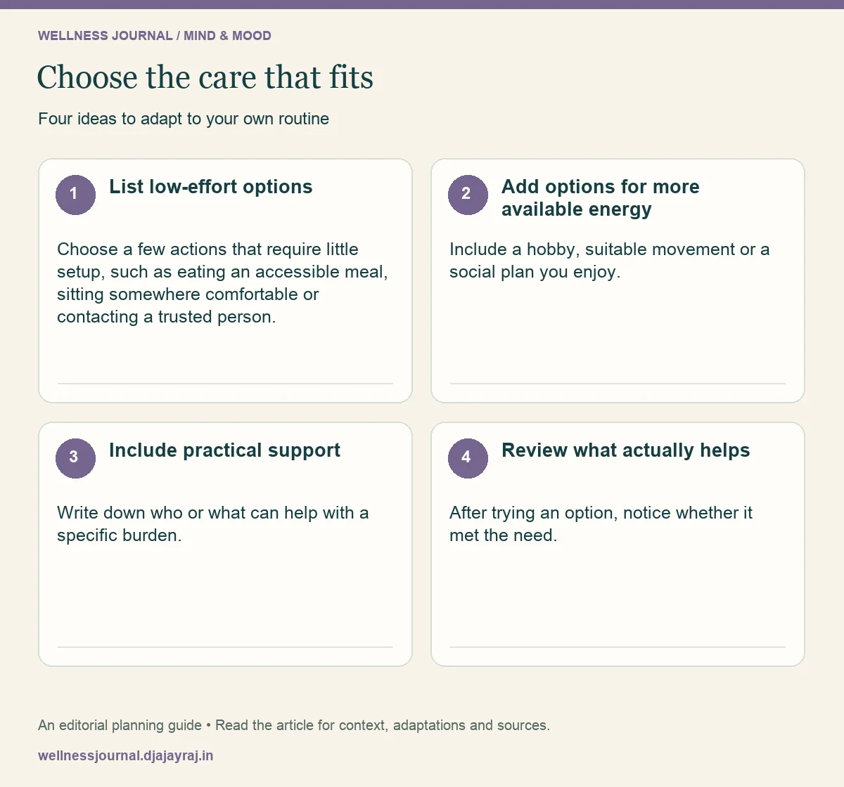 Four practical steps: List low-effort options; Add options for more available energy; Include practical support; Review what actually helps.