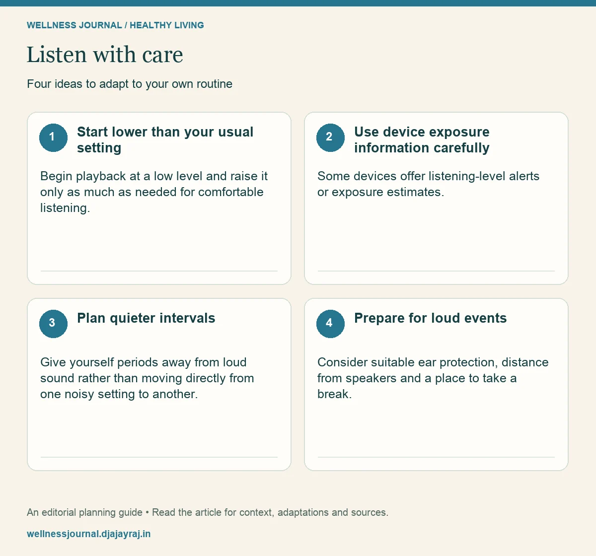 Four practical steps: Start lower than your usual setting; Use device exposure information carefully; Plan quieter intervals; Prepare for loud events.