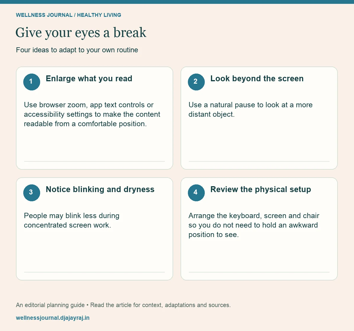 Four practical steps: Enlarge what you read; Look beyond the screen; Notice blinking and dryness; Review the physical setup.