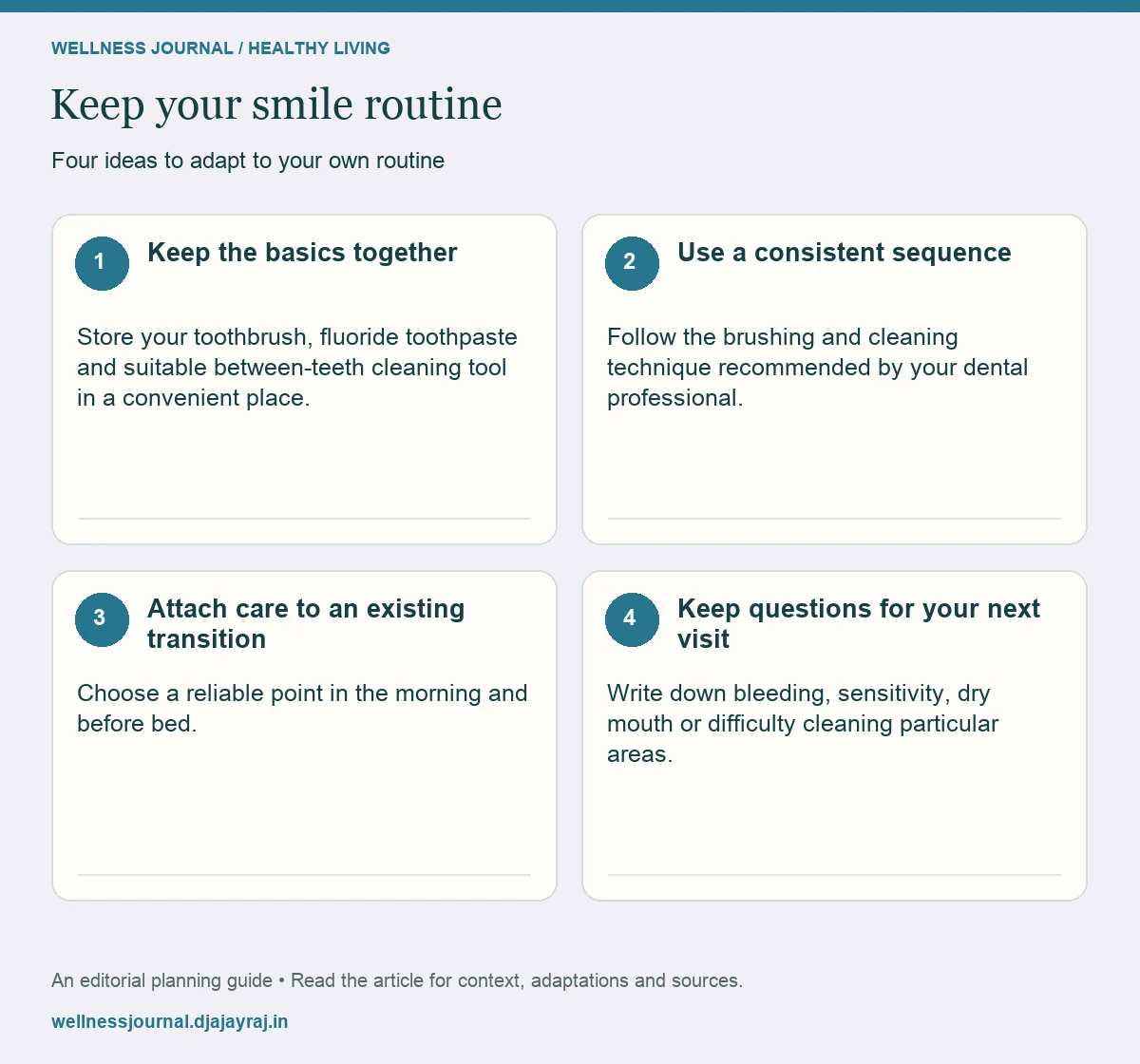 Four practical steps: Keep the basics together; Use a consistent sequence; Attach care to an existing transition; Keep questions for your next visit.
