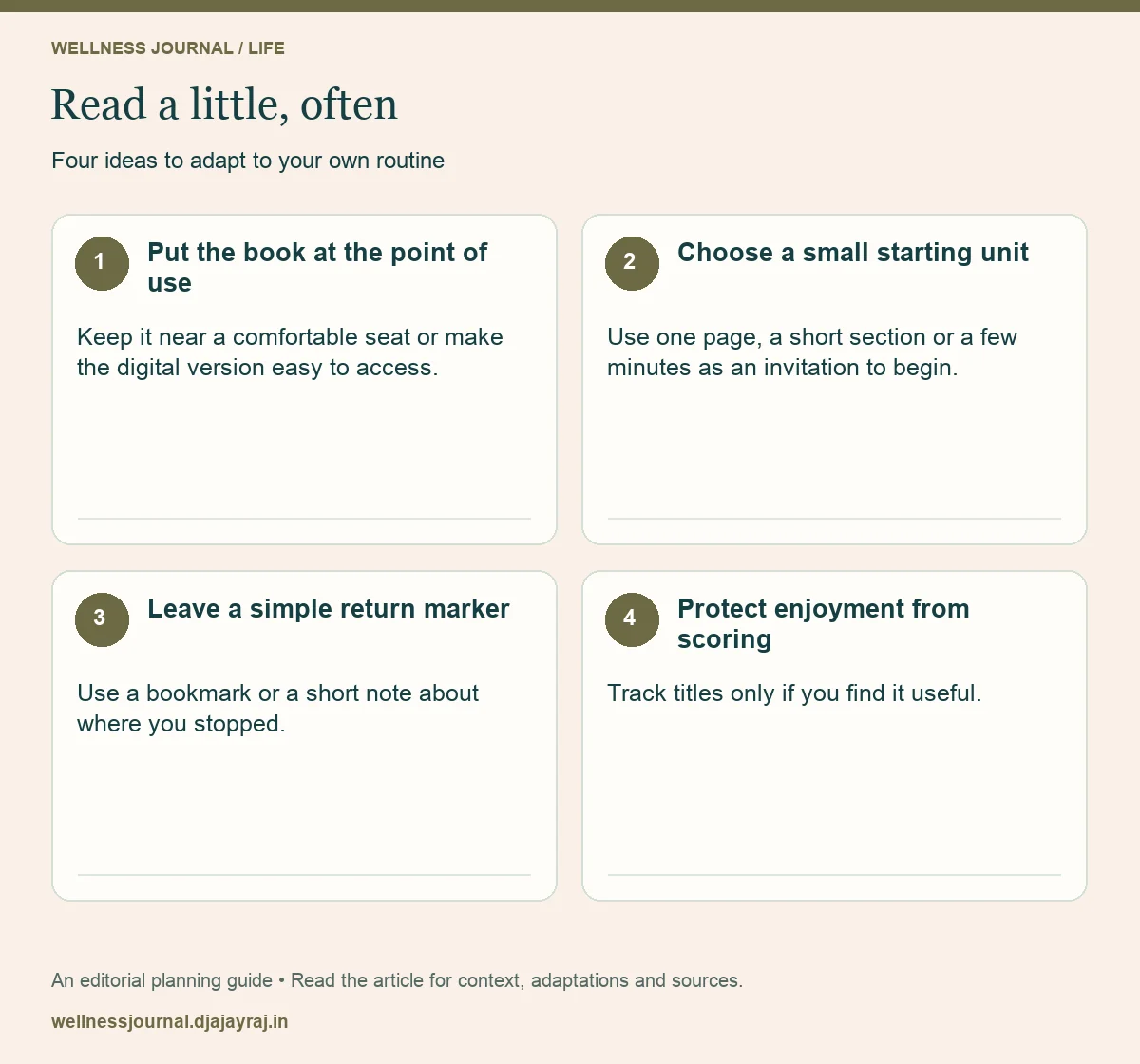 Four practical steps: Put the book at the point of use; Choose a small starting unit; Leave a simple return marker; Protect enjoyment from scoring.